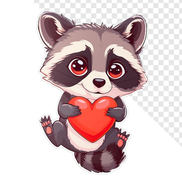 Dreamy baby raccoon with heart clipart in festive style on transparent background