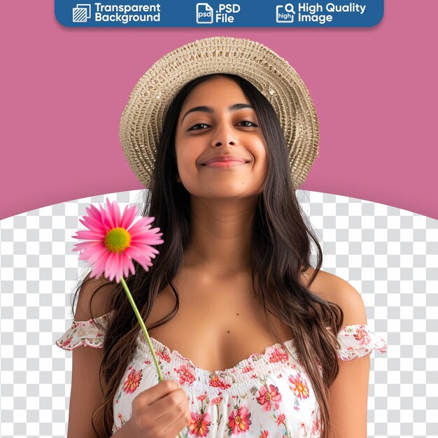 PSD dressed and hatted for spring portrait of a smiley young indian latina woman holding a flower