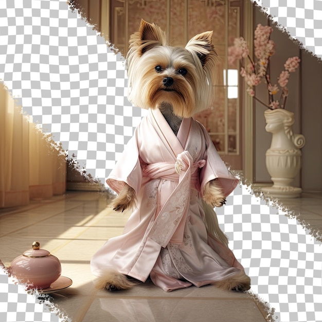 Dressed yorkshire terrier in a chinese robe standing on the rug in the hallway ready to go out transparent background