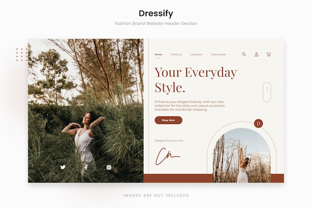 Sezione dell'intestazione del sito web del marchio di moda naturale dressify simple