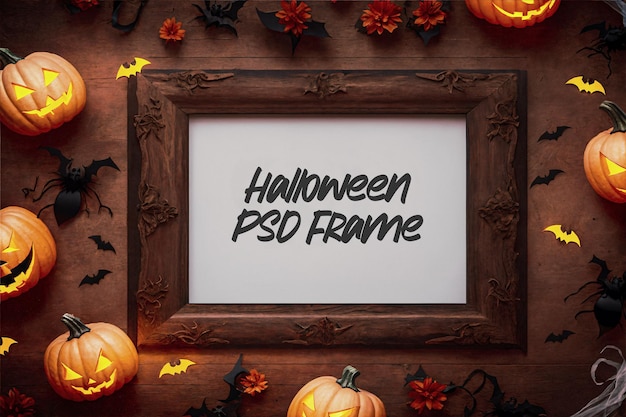 Drewniana Pozioma Rama Halloween Z Dyniami Wygenerowany Obraz Ai