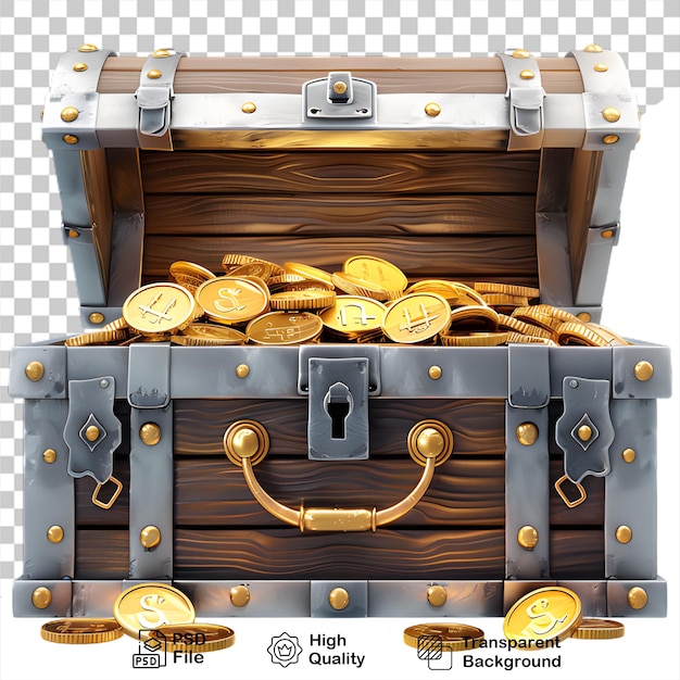 PSD drewniana skrzynia z złotymi monetami na przezroczystym tle
