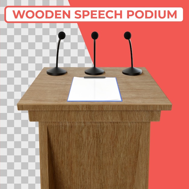 PSD drewniane podium mowy z trzema małymi mikrofonami przymocowanymi do izolowanego renderowania 3d