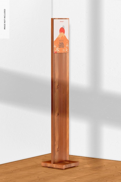 Drewniany stojak z makietą plakatu A4, perspektywa