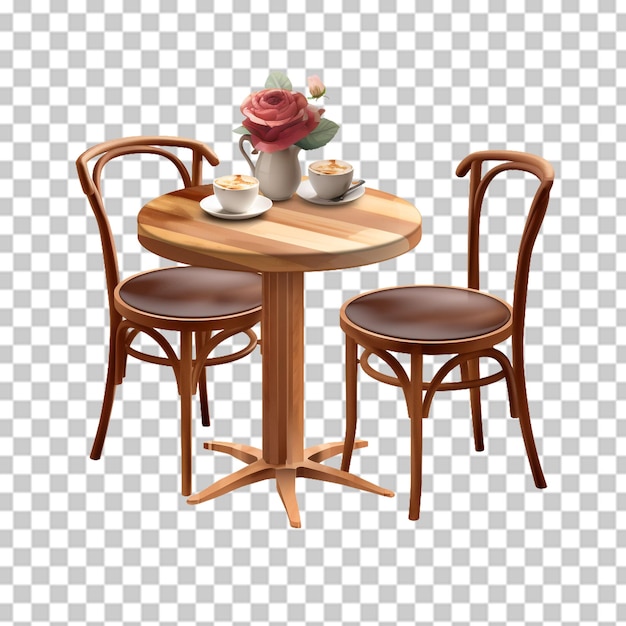 PSD drewniany stół i krzesła z filiżanką na przezroczystym tle