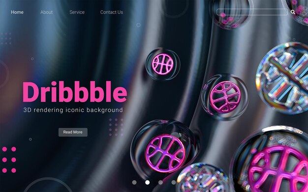 Dribbble icon inside bubble glass geometric shapes on colorful abstract dark background 3d render