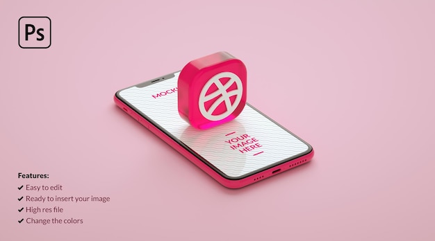 Dribbble icon with a mobile phone mockup in 3d rendering