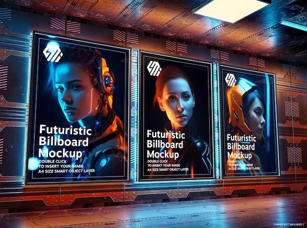 Drie billboards in futuristisch stadsinterieur mockup