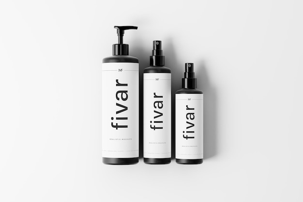 PSD drie cosmetische fles mockup set met twee spray flessen en een pomp fles