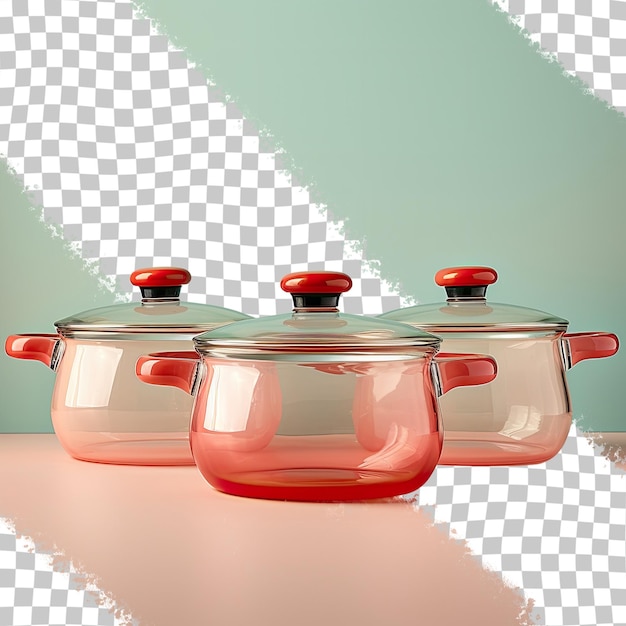PSD drie doorzichtige achtergrondpotten met rode handgrepen en glazen deksels