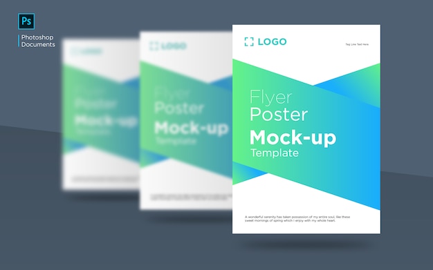 Drie flyer staande mockup lens blur ontwerpsjabloon