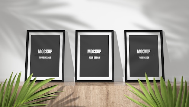 Drie fotoframe mockup in schaduw laat achtergrond