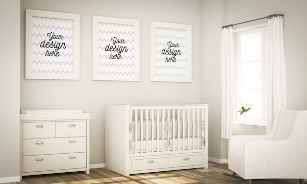 Drie frames op de babykamer mock-up