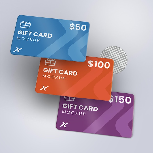 PSD drie geschenkkaarten, smartcards, kortingskaarten, aanbiedkaarten, 3d-modellen, templates.