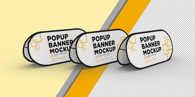 Drie gestapelde opvouwbare pop-upbanners, 3D-gerenderde mockup met slim object en transparant.