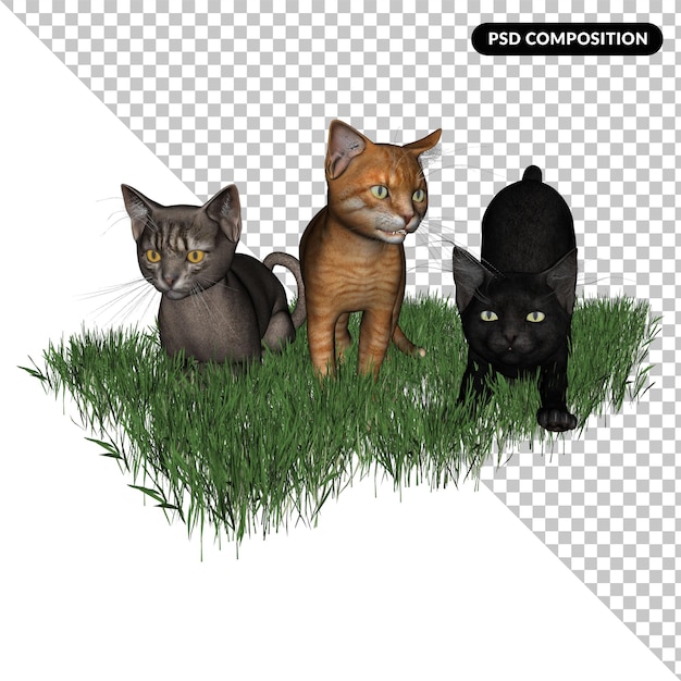 drie katkatten geïsoleerde 3D-rendering
