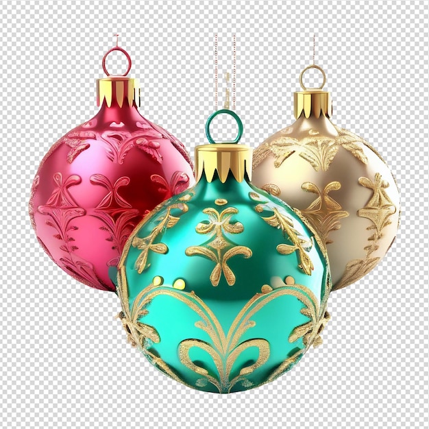 Drie kerstballen met goud en groenblauw ornamenten met een gouden rand