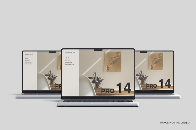 PSD drie laptop pro 14 inch mockup met front angel view