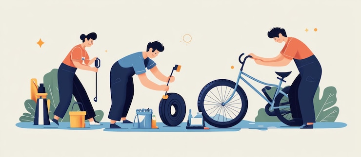 PSD drie mensen die een fiets buiten repareren