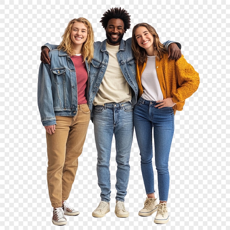 PSD drie mensen poseren voor een foto met één die een gele trui draagt