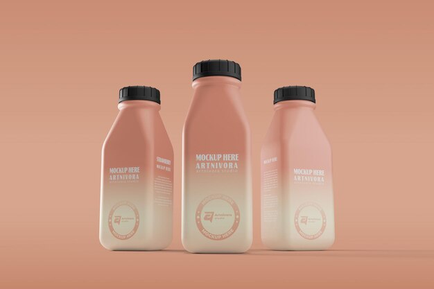 Drie perzikkleurige flessen op een zachte perzik achtergrond Een veelzijdige mockup voor uw merk
