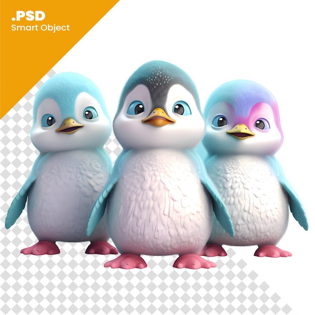 PSD drie pinguïns staan voor een blauwe achtergrond 3d render psd sjabloon