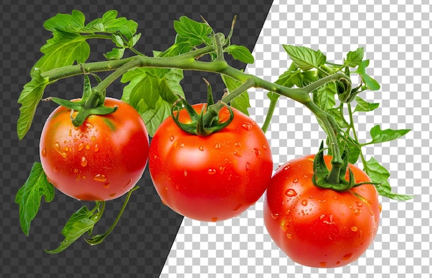 PSD drie rijpe rode tomaten hangen aan een wijnstok.