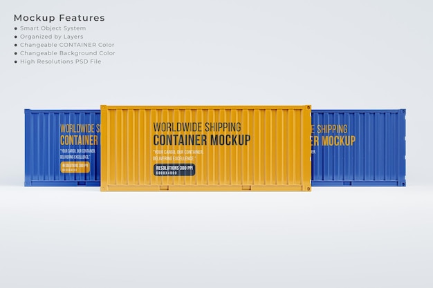 Drie Shipping Container Mockup voor wereldwijde levering voorzijde zijaanzicht