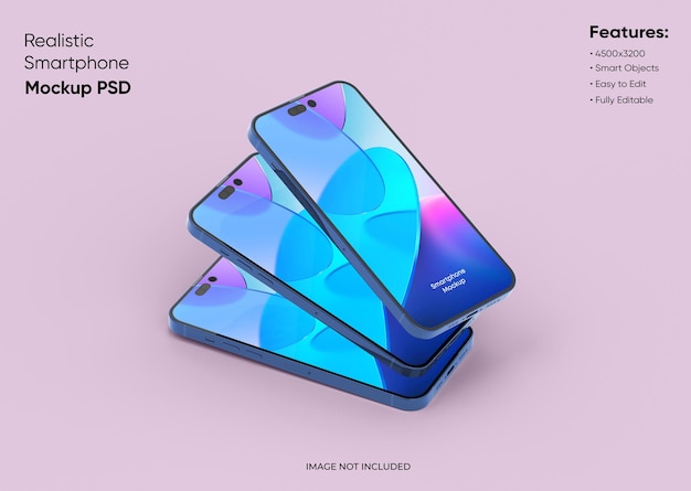 Drie smartphones 14 pro max mockup voor app en website UI-branding 2 telefoons aan de voor- en achterkant 3D renderen