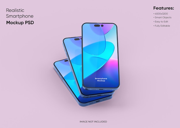 Drie smartphones 14 pro max mockup voor app en website UI-branding 2 telefoons aan de voor- en achterkant 3D renderen