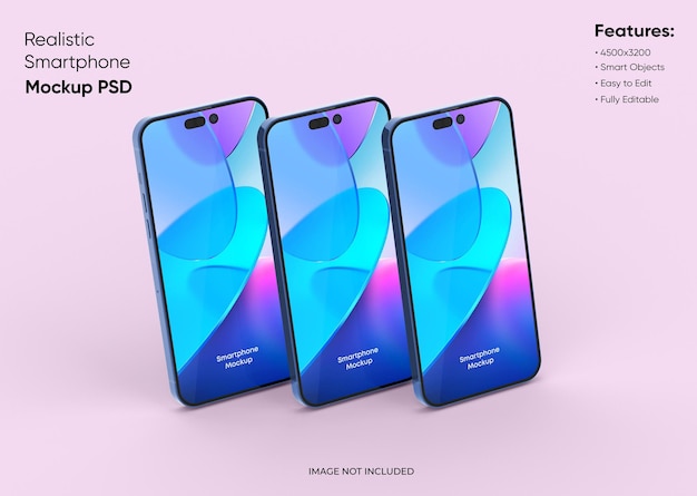 Drie smartphones 14 pro max mockup voor app en website UI-branding 2 telefoons aan de voor- en achterkant 3D renderen