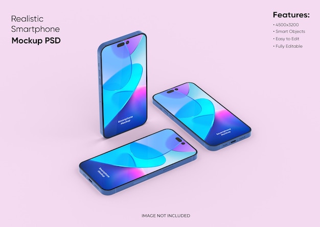 Drie smartphones 14 pro max mockup voor app en website UI-branding 2 telefoons aan de voor- en achterkant 3D renderen