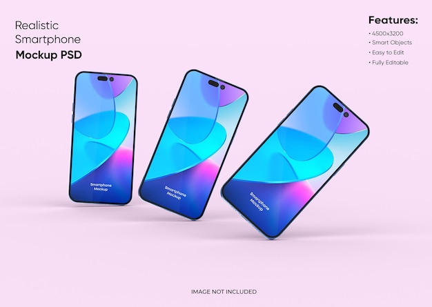 Drie smartphones 14 pro max mockup voor app en website ui-branding 2 telefoons aan de voor- en achterkant 3d renderen