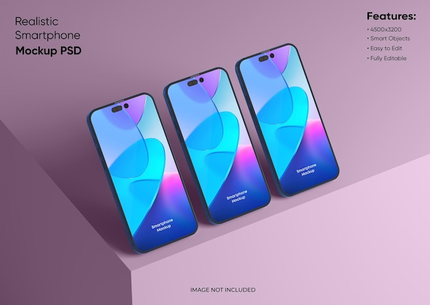 Drie smartphones 14 pro max mockup voor app en website UI-branding 2 telefoons aan de voor- en achterkant 3D renderen