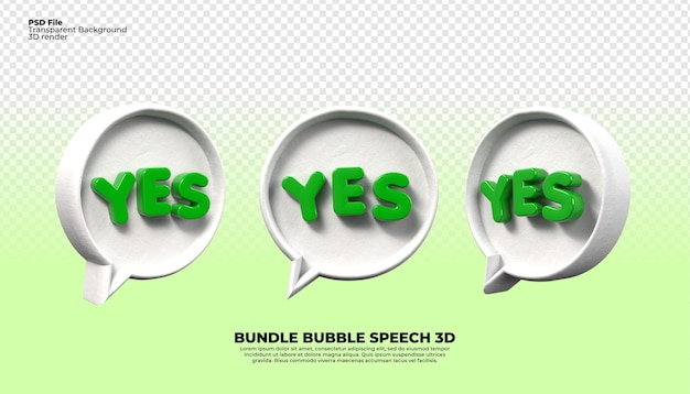 Drie tekstballonnen met het woord ja in groene letters.