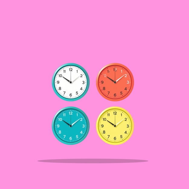 drie verschillende gekleurde klokken op een roze achtergrond