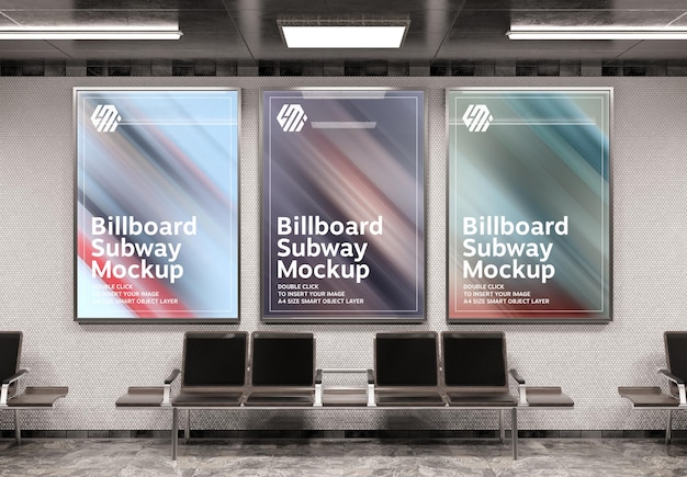 PSD drie verticale reclameborden in metrostation mockup