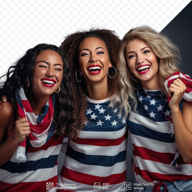 Drie vrouwen in amerikaanse kleding dragen amerikaanse vlaggen.