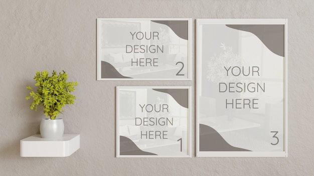 Drie wit frame mockup met verschillende grootte op muur