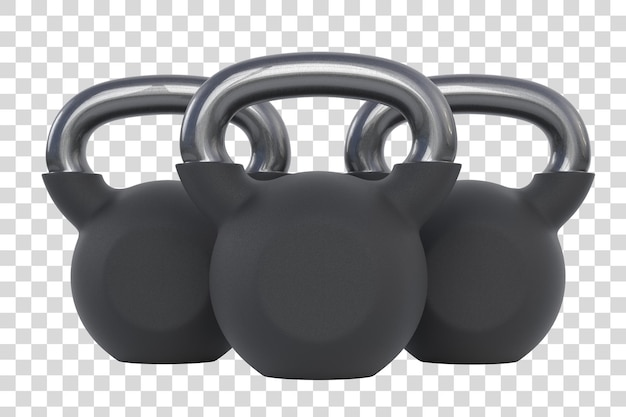 Drie zwarte metalen kettlebells geïsoleerd op witte achtergrond Vooraanzicht Gym- en fitnessapparatuur 3D