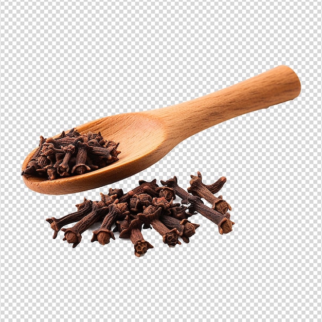 Dried cloves in the wooden spoon isolated on transparent background