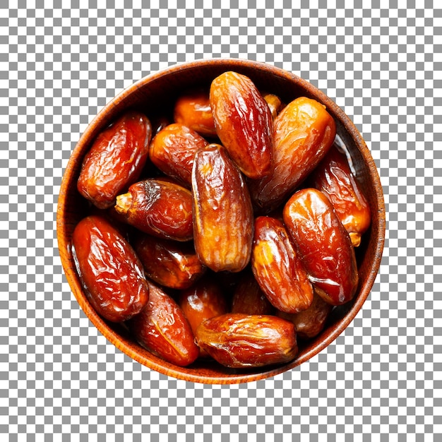 Dried date fruits in a bowl with transparent background