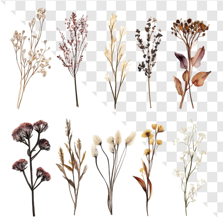 PSD dried flowers watercolor collection autumnal botanical art serene nature