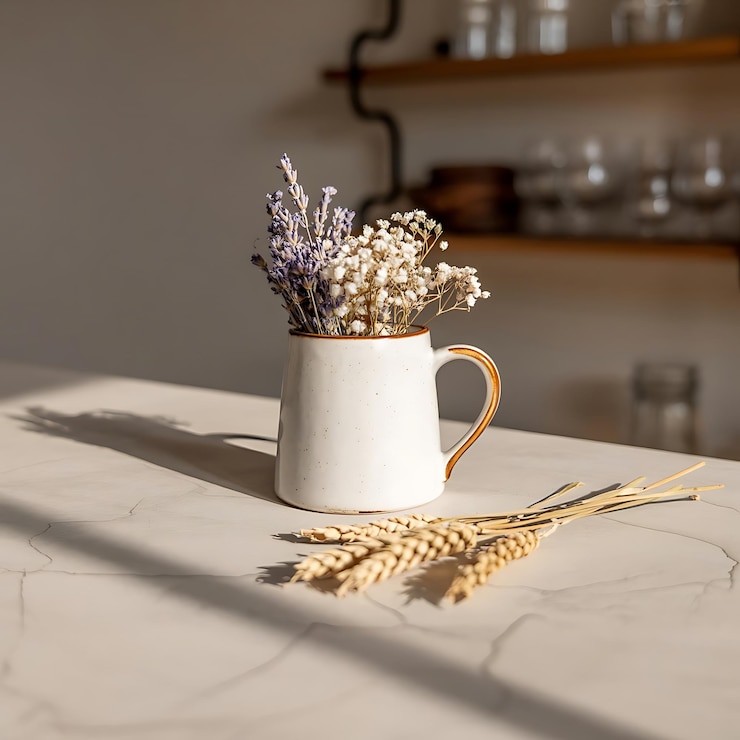 PSD dried flowers and wheat in a white mug mockup
