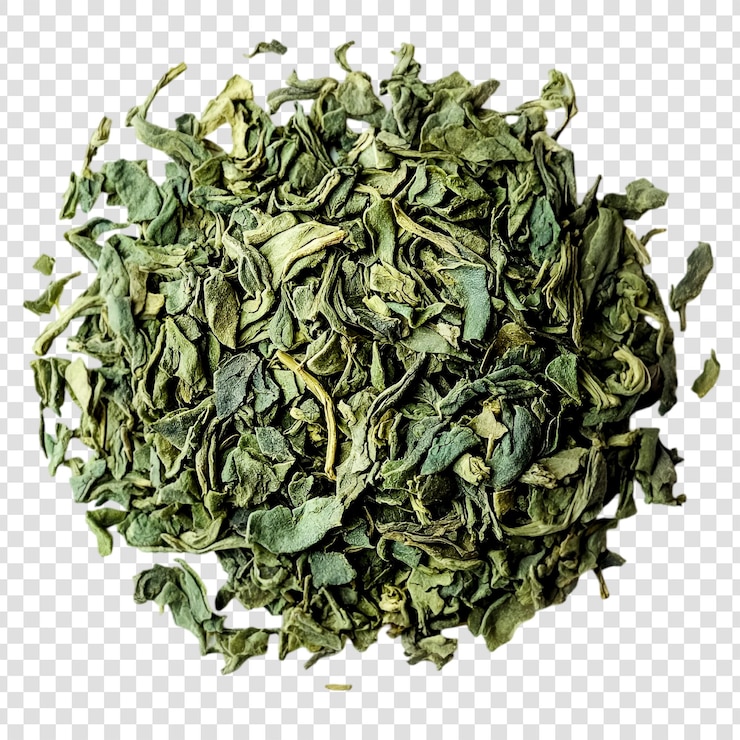 PSD dried green tea leaves close up aromatic herbal beverage