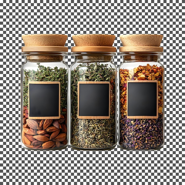 dried herbs and spices in glass jars isolated on transparent background