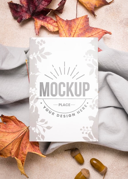 PSD dried leaves on kitchen cloth autumn vertical  mock-up