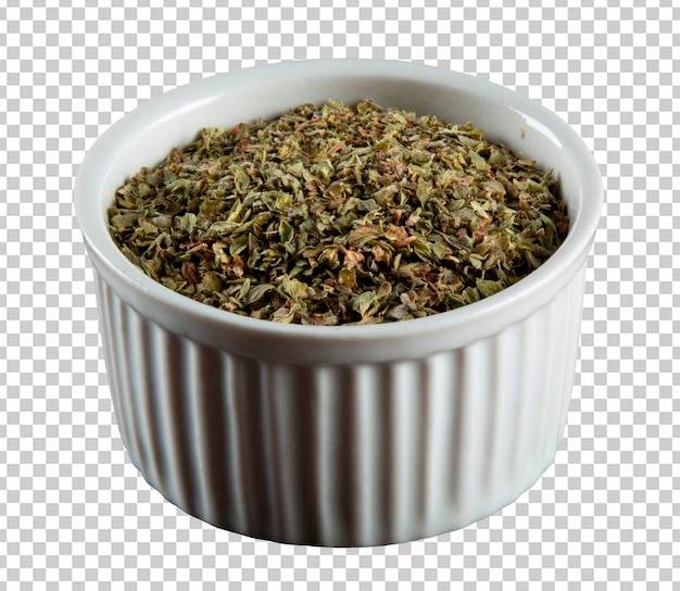 Dried oregano spice in a white bowl and transparent background png