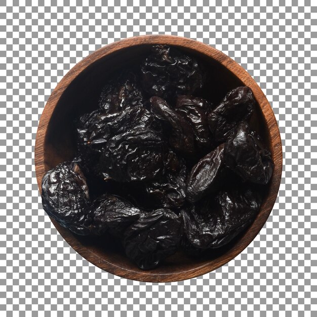 PSD dried plums in a dark wooden bowl with transparent background