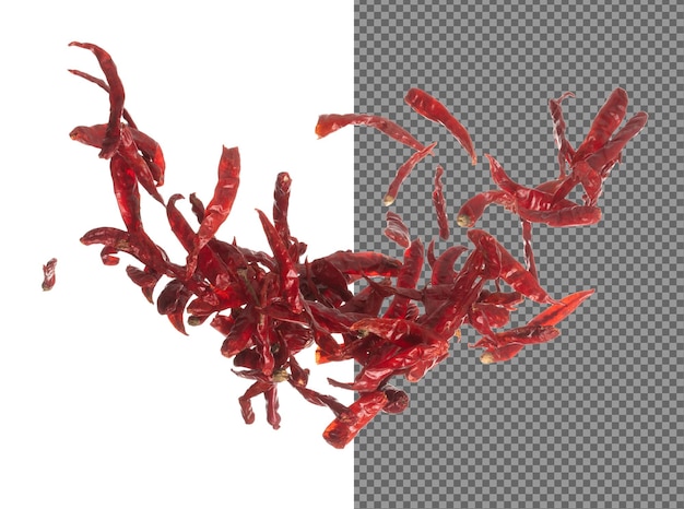 PSD dried red hot chilli fall down explosion dried red chilli float explode abstract cloud fly dried red hot chillis splash throwing in air white background isolated high speed shutter freeze motion